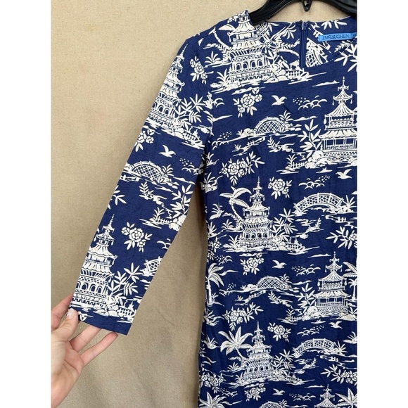 J.McLaughlin Sophia Dress Womens Blue White Tongsai Palms Print 3/4 Sleeve - Picture 4 of 10